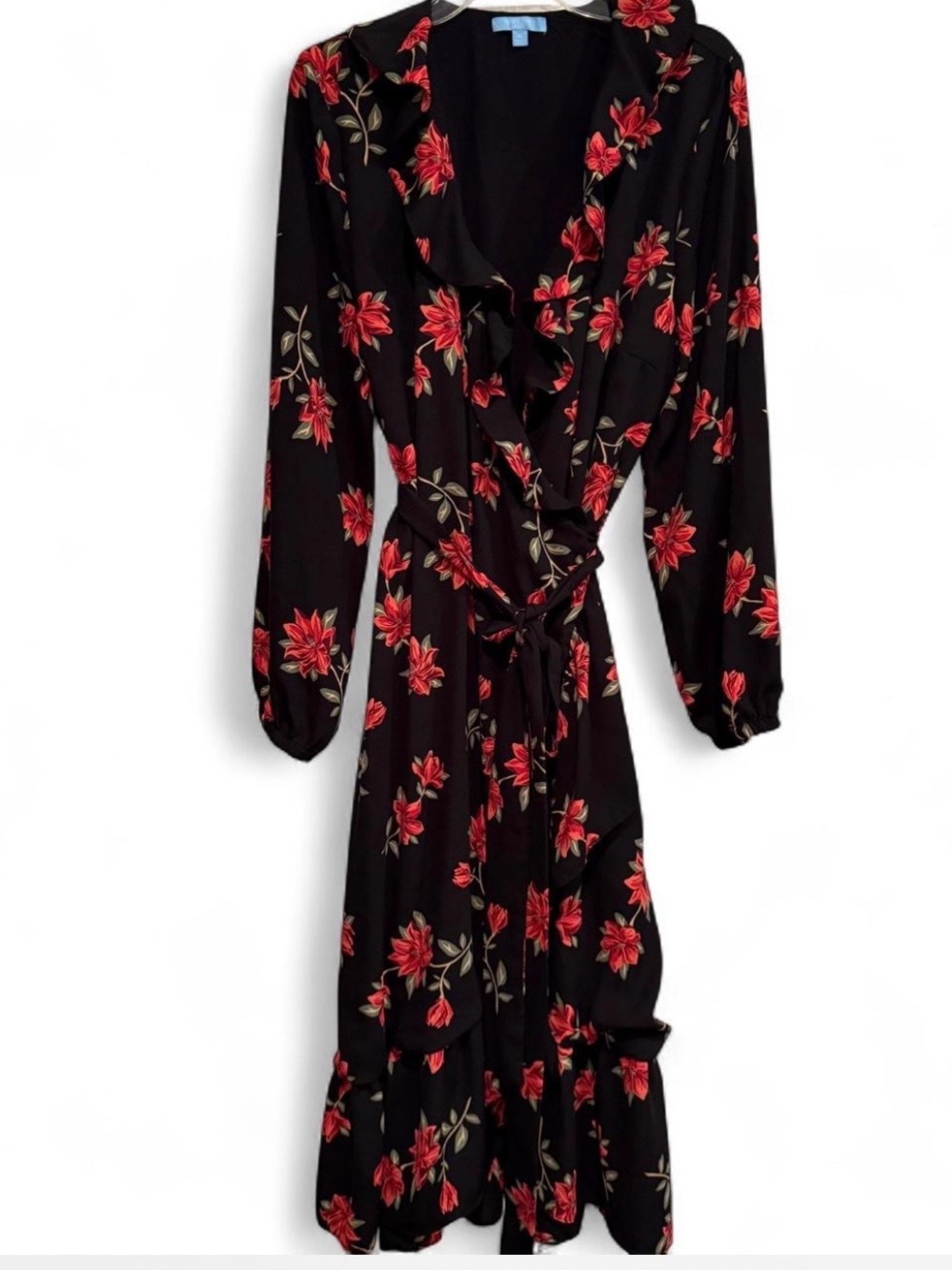 Draper James Black Long-Sleeve Wrap Dress with Red Floral Print